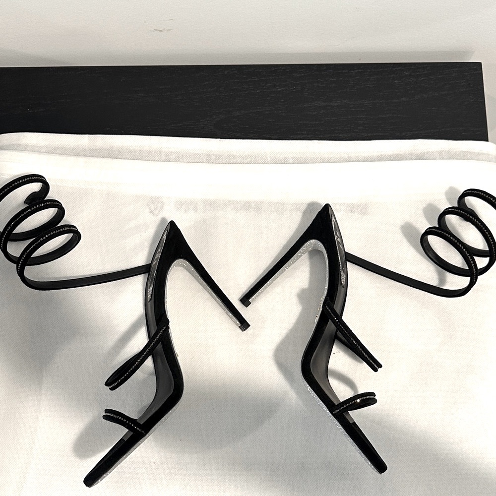 RENE CAOVILLA NWOT Cleo Suede Strass Ankle-wrap Sandals Black Sandal Heel 37.5 - Picture 4 of 7